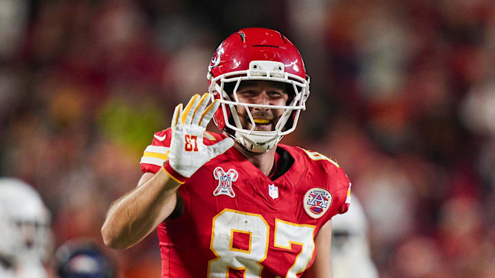 Dec 25, 2025; Kansas City, Missouri, USA; Kansas City Chiefs tight end Travis Kelce (87) reacts after making a catch for a first down during the first half against the Denver Broncos at GEHA Field at Arrowhead Stadium. Mandatory Credit: Jay Biggerstaff-Imagn Images