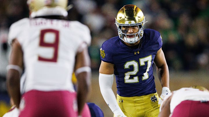 Notre Dame linebacker Kyngstonn Viliamu-Asa (27) lines up during a NCAA college football game against Florida State at Notre Dame Stadium on Saturday, Nov. 9, 2024, in South Bend.