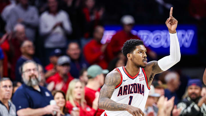 Dec 30, 2024; Tucson, Arizona, USA; Arizona Wildcats guard Caleb Love (1) celebrates a three-point basket made against the TCU Horned Frogs during the first half at McKale Center. Mandatory Credit: Aryanna Frank-Imagn Images