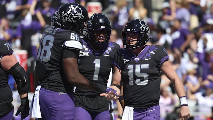 Oct 1, 2022; Fort Worth, Texas, USA; TCU Horned Frogs quarterback Max Duggan (15) celebrates with