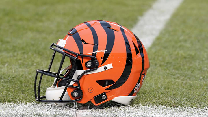 Jan 29, 2023; Kansas City, Missouri, USA; A detail view of a Cincinnati Bengals helmet on the field