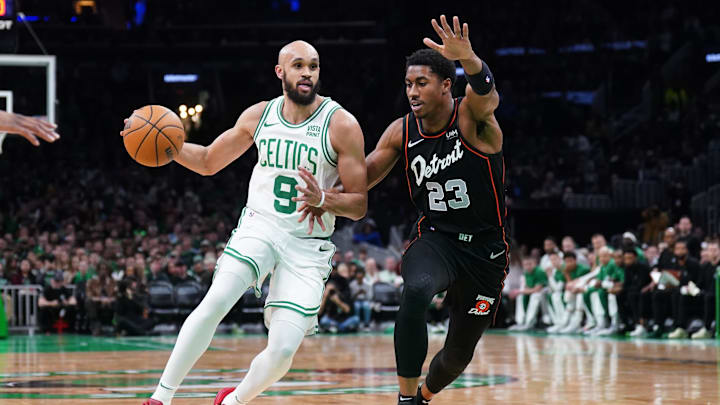 Mar 18, 2024; Boston, Massachusetts, USA; Boston Celtics guard Derrick White (9) returns the ball against Detroit Pistons guard Jaden Ivey (23) in the first quarter at TD Garden. Mandatory Credit: David Butler II-Imagn Images Mar 18, 2024; Boston, Massachusetts, USA; Boston Celtics guard Derrick White (9) returns the ball against Detroit Pistons guard Jaden Ivey (23) in the first quarter at TD Garden. Mandatory Credit: David Butler II-Imagn Images