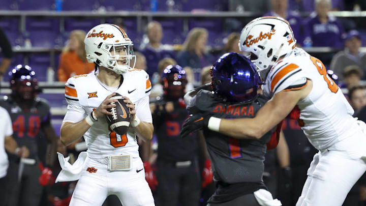 Nov 9, 2024; Fort Worth, Texas, USA;  Oklahoma State Cowboys quarterback Maealiuaki Smith (8) throws during the second half against the TCU Horned Frogs at Amon G. Carter Stadium. Mandatory Credit: Kevin Jairaj-Imagn Images