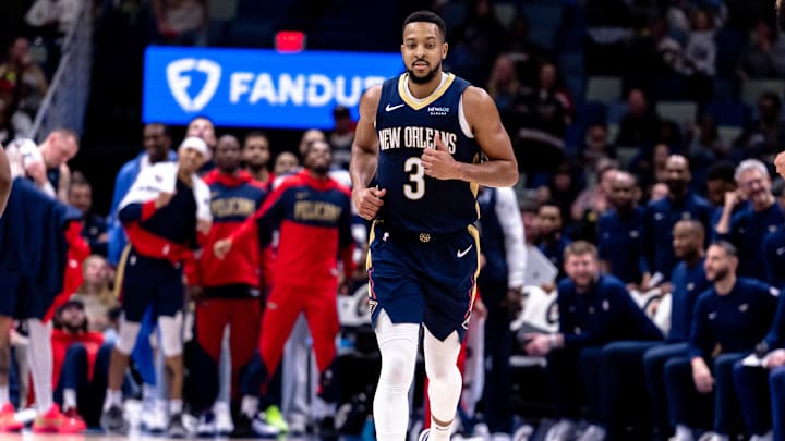 New Orleans Pelicans guard McCollum reacts to scoring his 50th point against the Washington Wizards during the second half at Smoothie King Center. 