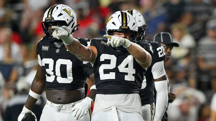 Sep 5, 2026; Nashville, Tennessee, USA;  Vanderbilt Commodores linebacker Nick Rinaldi (24) celebrates a tackle for loss against the Austin Peay Governors during the second half at FirstBank Stadium. Mandatory Credit: Steve Roberts-Imagn Images