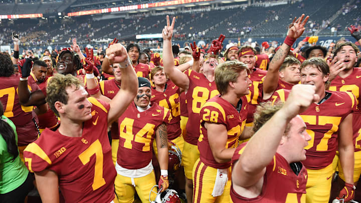 Miller Moss and the USC Trojans celebrate their win over LSU on Sunday