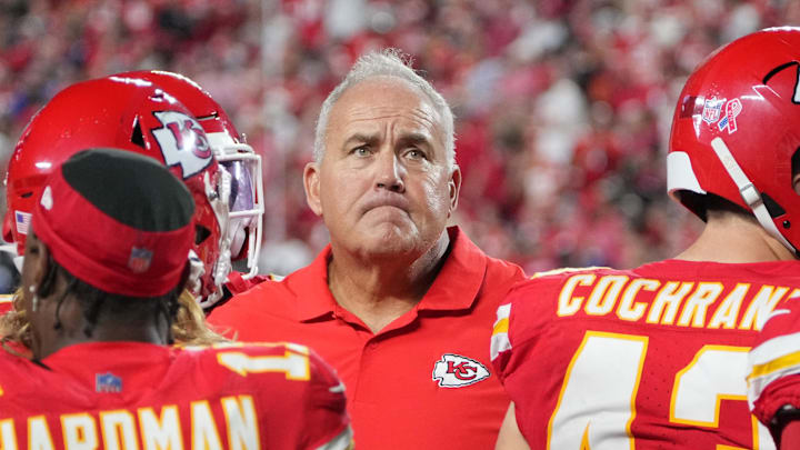 Sep 5, 2024; Kansas City, Missouri, USA; Kansas City Chiefs assistant head coach Dave Toub in the huddle against the Baltimore Ravens during the game at GEHA Field at Arrowhead Stadium. Mandatory Credit: Denny Medley-Imagn Images