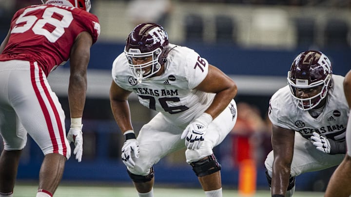 Sep 25, 2021; Arlington, Texas, USA; Texas A&M Aggies offensive lineman Reuben Fatheree II (76) in action during the game between the Arkansas Razorbacks and the Texas A&M Aggies at AT&T Stadium. Mandatory Credit: Jerome Miron-Imagn Images