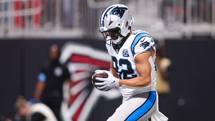 Jan 5, 2025; Atlanta, Georgia, USA; Carolina Panthers tight end Tommy Tremble (82) catches a pass for a touchdown against the Atlanta Falcons in the third quarter at Mercedes-Benz Stadium. Mandatory Credit: Brett Davis-Imagn Images