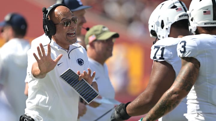 Penn State coach James Franklin on the sidelines in the first half against the USC Trojans at Los Angeles Memorial Coliseum. 