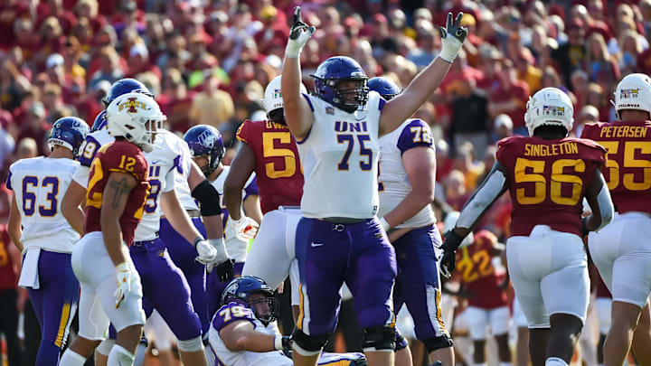 Sep 4, 2021; Ames, Iowa, USA; Northern Iowa Panthers offensive lineman Jared Penning (75) celebrates a field goal against the Iowa State Cyclones in the first half at Jack Trice Stadium. Sep 4, 2021; Ames, Iowa, USA; Northern Iowa Panthers offensive lineman Jared Penning (75) celebrates a field goal against the Iowa State Cyclones in the first half at Jack Trice Stadium.