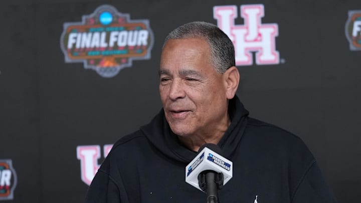 Houston head coach Kelvin Sampson talks to the media at the Alamodome. 