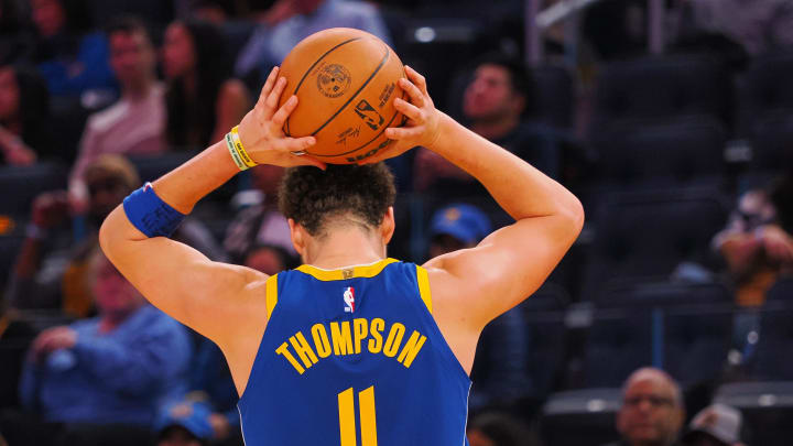 Nov 30, 2023; San Francisco, California, USA; Golden State Warriors guard Klay Thompson (11) reacts after being called for a foul against the Los Angeles Clippers during the third quarter at Chase Center. Mandatory Credit: Kelley L Cox-USA TODAY Sports