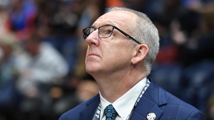 Mar 17, 2024; Nashville, TN, USA;  SEC commissioner Greg Sankey looks on before the SEC Tournament championship game between the Florida Gators and the Auburn Tigers at Bridgestone Arena. Mandatory Credit: Christopher Hanewinckel-USA TODAY Sports