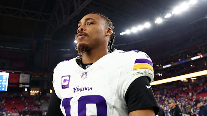 Jan 13, 2025; Glendale, AZ, USA; Minnesota Vikings wide receiver Justin Jefferson (18) reacts after the  NFC wild card game against the Los Angeles Rams at State Farm Stadium. 