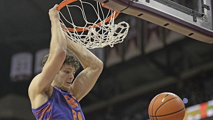Jan 20, 2024; Tallahassee, Florida, USA; Clemson Tigers center PJ Hall (24) dunks the ball against
