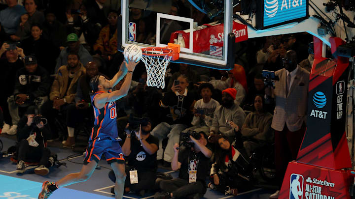 Feb 17, 2024; Indianapolis, IN, USA; New York Knicks forward Jacob Toppin (3) competes in the AT&T Slam Dunk Contest during NBA All Star Saturday Night at Lucas Oil Stadium. Mandatory Credit: Trevor Ruszkowski-Imagn Images