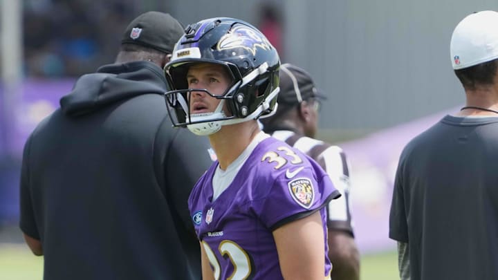 Jul 23, 2025; Owings Mills, MD, USA; Baltimore Ravens kicker Tyler Loop (33) warms up during training camp at Under Armour Performance Center. Mandatory Credit: Mitch Stringer-Imagn Images Jul 23, 2025; Owings Mills, MD, USA; Baltimore Ravens kicker Tyler Loop (33) warms up during training camp at Under Armour Performance Center. Mandatory Credit: Mitch Stringer-Imagn Images