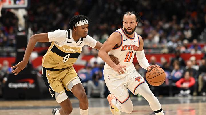 Feb 3, 2026; Washington, District of Columbia, USA; New York Knicks guard Jalen Brunson (11) dribbles the ball in front of Washington Wizards guard Bilal Coulibaly (0) during the third quarter at Capital One Arena. Mandatory Credit: Rafael Suanes-Imagn Images
