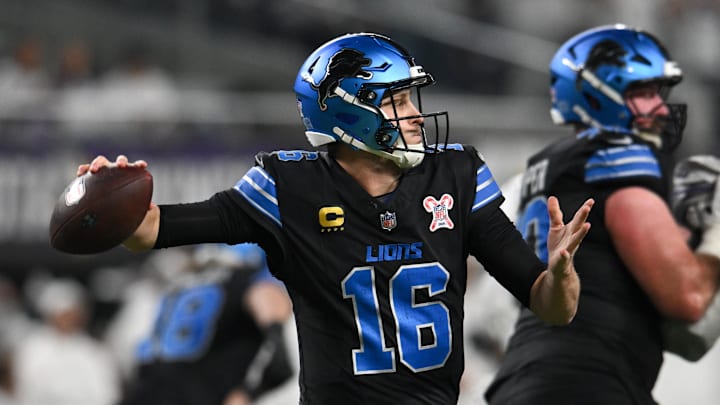 Dec 25, 2025; Minneapolis, Minnesota, USA; Detroit Lions quarterback Jared Goff (16) passes the ball against the Minnesota Vikings in the fourth quarter at U.S. Bank Stadium. Mandatory Credit: Jeffrey Becker-Imagn Images