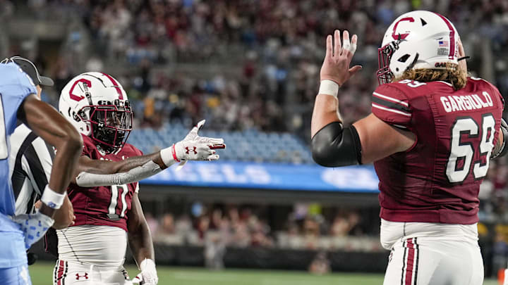 South Carolina football offensive lineman Nick Gargiulo and scatback Juju McDowell in the season opener against North Carolina.