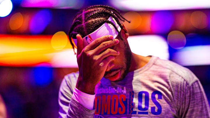 Mar 6, 2024; Philadelphia, Pennsylvania, USA; Philadelphia 76ers guard Buddy Hield stands for the anthem before action against the Memphis Grizzlies at Wells Fargo Center. Mandatory Credit: Bill Streicher-USA TODAY Sports