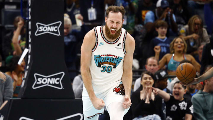 Memphis Grizzlies center Jay Huff (30) reacts after a dunk during the first half against the Orlando Magic at FedExForum.