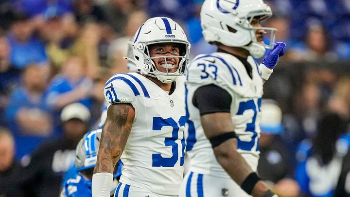 Indianapolis Colts safety Austin Brown (31) walks on the field Saturday, Aug. 29, 2026, during the game against the Detroit Lions at Lucas Oil Stadium in Indianapolis. The Detroit Lions defeated the Indianapolis Colts, 25-16.