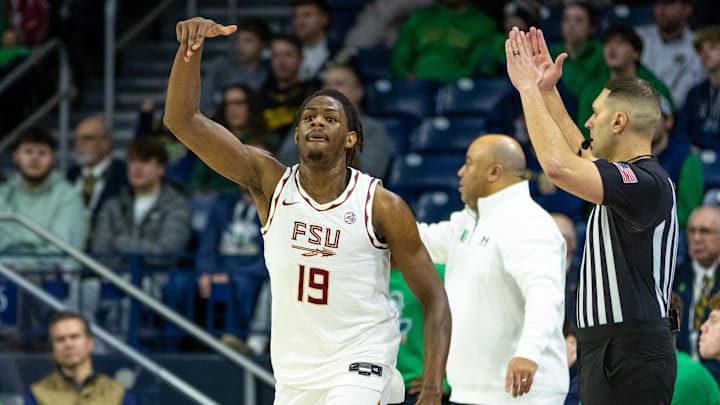 Feb 7, 2026; South Bend, Indiana, USA; Florida State Seminoles forward AJ Swinton (19) celebrates making a 3-point shot against the Notre Dame Fighting Irish during the first half at Purcell Pavilion at the Joyce Center. Mandatory Credit: Michael Caterina-Imagn Images