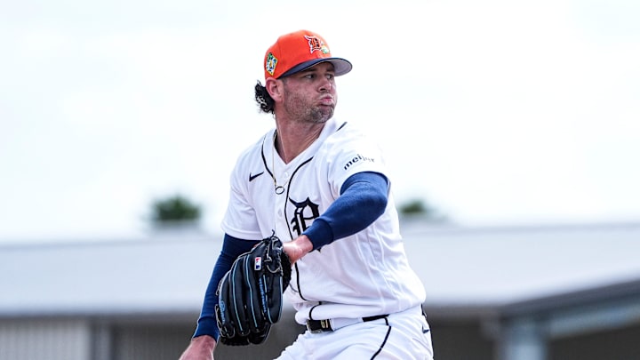 Detroit Tigers pitcher Kyle Finnegan throws at live batting practice during spring training at TigerTown in Lakeland, Fla. on Wednesday, Feb. 18, 2026. Detroit Tigers pitcher Kyle Finnegan throws at live batting practice during spring training at TigerTown in Lakeland, Fla. on Wednesday, Feb. 18, 2026.