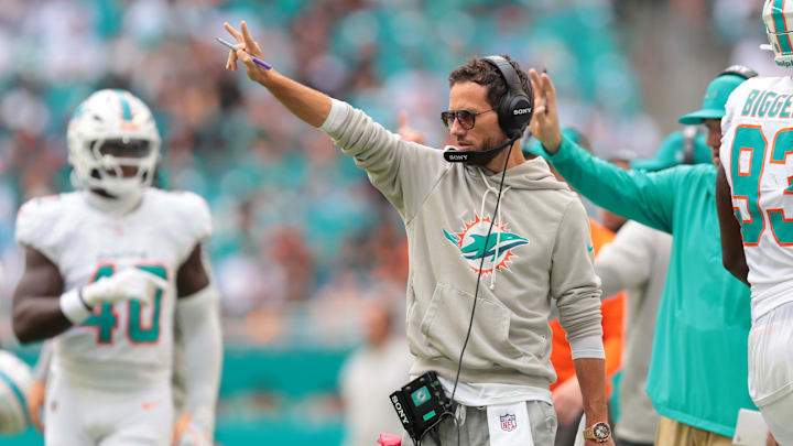 Miami Dolphins head coach Mike McDaniel on the sidelines against the New Orleans Saints during the second half at Hard Rock Stadium. Miami Dolphins head coach Mike McDaniel on the sidelines against the New Orleans Saints during the second half at Hard Rock Stadium.