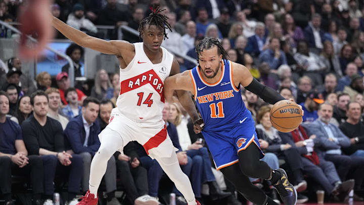 Feb 4, 2025; Toronto, Ontario, CAN; New York Knicks guard Jalen Brunson (11) drives to the net against Toronto Raptors guard Ja'Kobe Walter (14) during the first half at Scotiabank Arena. Mandatory Credit: John E. Sokolowski-Imagn Images Feb 4, 2025; Toronto, Ontario, CAN; New York Knicks guard Jalen Brunson (11) drives to the net against Toronto Raptors guard Ja'Kobe Walter (14) during the first half at Scotiabank Arena. Mandatory Credit: John E. Sokolowski-Imagn Images