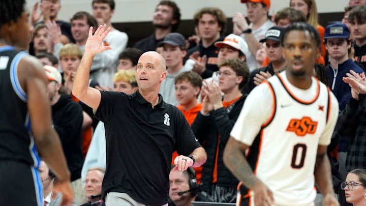 Oklahoma State coach Steve Lutz gestures during a BIG 12 men's college basketball game between the Oklahoma State Cowboys (OSU) and the BYU Cougars at Gallagher-Iba Arena in Stillwater, Okla., Wednesday, Feb. 4, 2026.