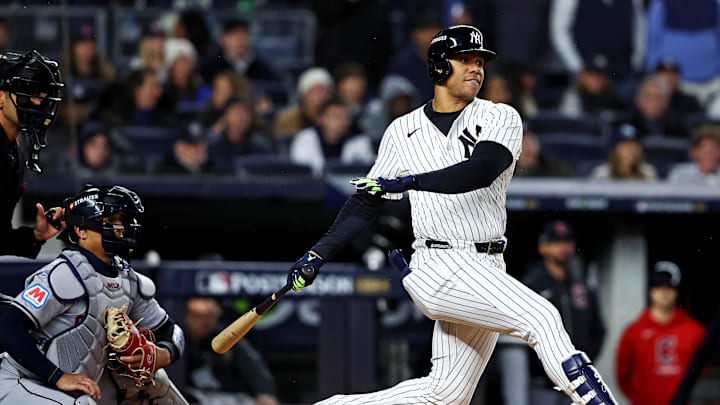 New York Yankees outfielder Juan Soto (22) hits a single during the first inning against the Cleveland Guardians in game two of the ALCS for the 2024 MLB Playoffs at Yankee Stadium on Oct 15. New York Yankees outfielder Juan Soto (22) hits a single during the first inning against the Cleveland Guardians in game two of the ALCS for the 2024 MLB Playoffs at Yankee Stadium on Oct 15.