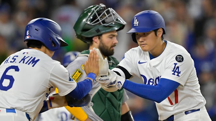 Los Angeles Dodgers designated hitter Shohei Ohtani (17) celebrates after hitting a two-run home run against the Athletics wiht second baseman Hyeseong Kim (6) during the fourth inning of the game at Dodger Stadium on May 15.