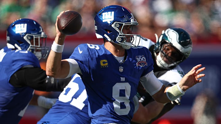 Oct 20, 2024; East Rutherford, New Jersey, USA; New York Giants quarterback Daniel Jones (8) throws the ball during the first half against the Philadelphia Eagles at MetLife Stadium.