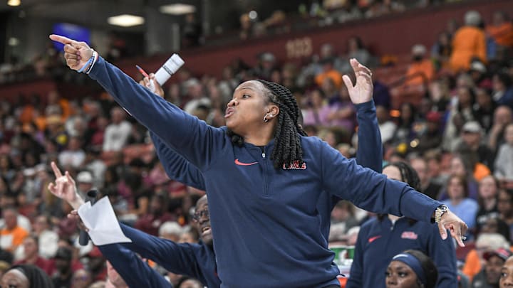 Ole Miss Head Coach Yolett McPhee-McCuin during the first quarter of the SEC Women's Basketball Tournament game at the Bon Secours Wellness Arena in Greenville, S.C. Saturday, March 9, 2024.
