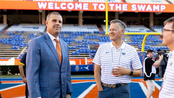 Sep 9, 2023; Gainesville, Florida, USA;  Florida Gators head coach Billy Napier and Florida Gators athletic director Scott Stricklin before the game against the McNeese State Cowboys at Ben Hill Griffin Stadium. Mandatory Credit: Matt Pendleton-USA TODAY Sports