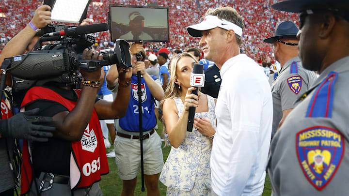Sep 27, 2025; Oxford, Mississippi, USA; Mississippi Rebels head coach Lane Kiffin is interviewed by ESPN after defeating the LSU Tigers at Vaught-Hemingway Stadium. Mandatory Credit: Petre Thomas-Imagn Images