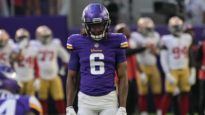 Aug 20, 2022; Minneapolis, Minnesota, USA; Minnesota Vikings safety Lewis Cine (6) warms up before
