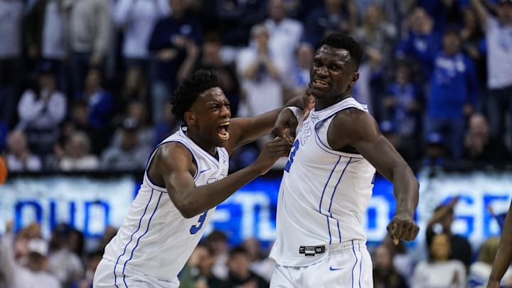 Mar 7, 2026; Provo, Utah, USA; BYU Cougars forward AJ Dybantsa (3) and forward Keba Keita (13) reacts during the second half against the Texas Tech Red Raiders at Marriott Center. Mandatory Credit: Aaron Baker-Imagn Images 