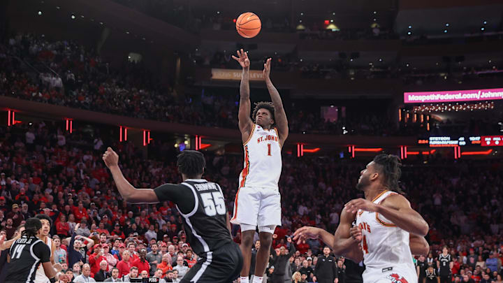 Feb 1, 2025; New York, New York, USA;  St. John's basketball guard Kadary Richmond (1) takes a jump shot to win the game against the Providence Friars 68-66 at Madison Square Garden. 