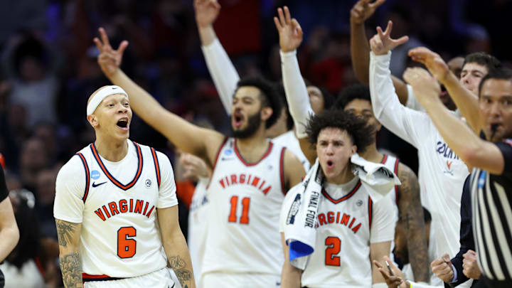 Mar 20, 2026; Philadelphia, PA, USA; Virginia Cavaliers guard Jacari White (6) reacts after his three pointer against the Wright State Raiders during the second half of a first round game of the men's 2026 NCAA Tournament at Xfinity Mobile Arena. Mandatory Credit: Bill Streicher-Imagn Images
