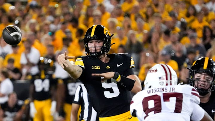 Iowa Hawkeyes quarterback Hank Brown (9) throws a pass during a football game agains the Massachusetts Minutemen Sept. 13, 2025 at Kinnick Stadium in Iowa City, Iowa.