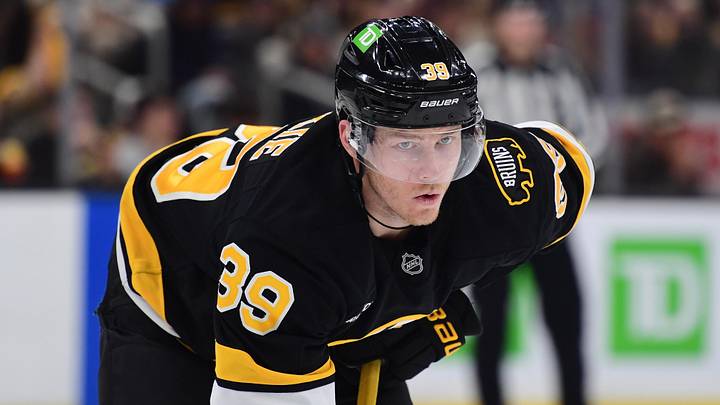 Apr 26, 2026; Boston, Massachusetts, USA; Boston Bruins center Morgan Geekie (39) gets set for a face-off during the third period in game four of the first round of the 2026 Stanley Cup Playoffs against the Buffalo Sabres at TD Garden. Mandatory Credit: Bob DeChiara-Imagn Images