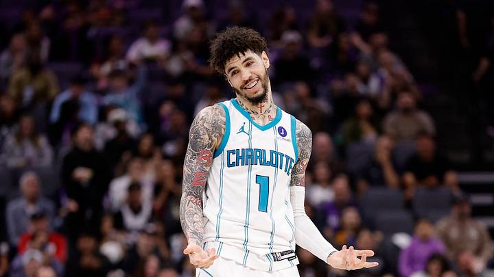 Mar 11, 2026; Sacramento, California, USA; Charlotte Hornets guard LaMelo Ball (1) smiles and gestures after scoring a three point basket against the Sacramento King during the fourth quarter at Golden 1 Center. Mandatory Credit: Kelley L Cox-Imagn Images