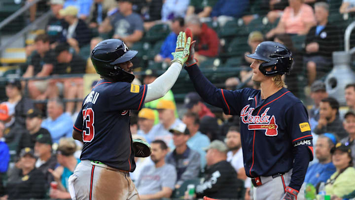 Mar 12, 2026; Bradenton, Florida, USA;  Atlanta Braves center fielder Michael Harris II (23) is congratulated  by  infielder Luke Williams (63) after he scored a run during the sixth inning against the Pittsburgh Pirates at LECOM Park. Mandatory Credit: Kim Klement Neitzel-Imagn Images