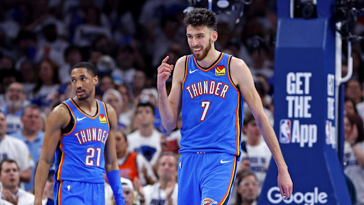 Oklahoma City Thunder forward Chet Holmgren (7) celebrates after a play during the second quarter against the Minnesota Timberwolves in game five of the western conference finals for the 2025 NBA Playoffs at Paycom Center.
