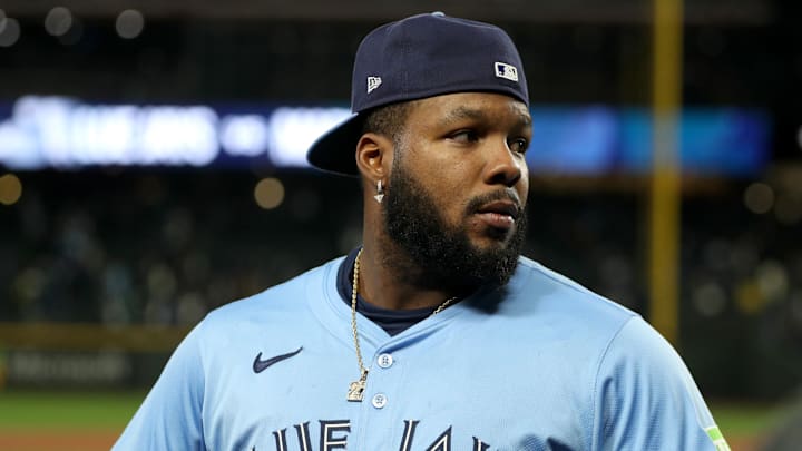 Toronto Blue Jays first baseman Vladimir Guerrero Jr. (27) celebrates after winning game four of the ALCS round for the 2025 MLB playoffs against the Seattle Mariners at T-Mobile Park.