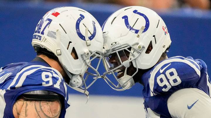 Indianapolis Colts defensive end Laiatu Latu (97) and Indianapolis Colts defensive end Arden Key (98) celebrate after recovering a fumble Sunday, Sept. 13, 2026, during a game against the Baltimore Ravens at Lucas Oil Stadium in Indianapolis. Indianapolis Colts defensive end Laiatu Latu (97) and Indianapolis Colts defensive end Arden Key (98) celebrate after recovering a fumble Sunday, Sept. 13, 2026, during a game against the Baltimore Ravens at Lucas Oil Stadium in Indianapolis.